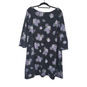 Ellos Midi Dress 28 Womens Plus Size Boat Neck Blue Floral Slit 3/4 Sleeves